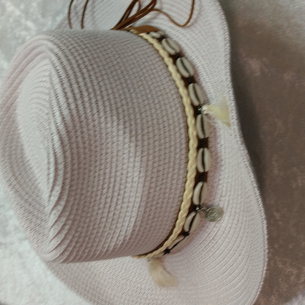 Woven Western Straw Beach Hat Cowrie Cowry Shells Tassels Tinted White Boho - Picture 9 of 15